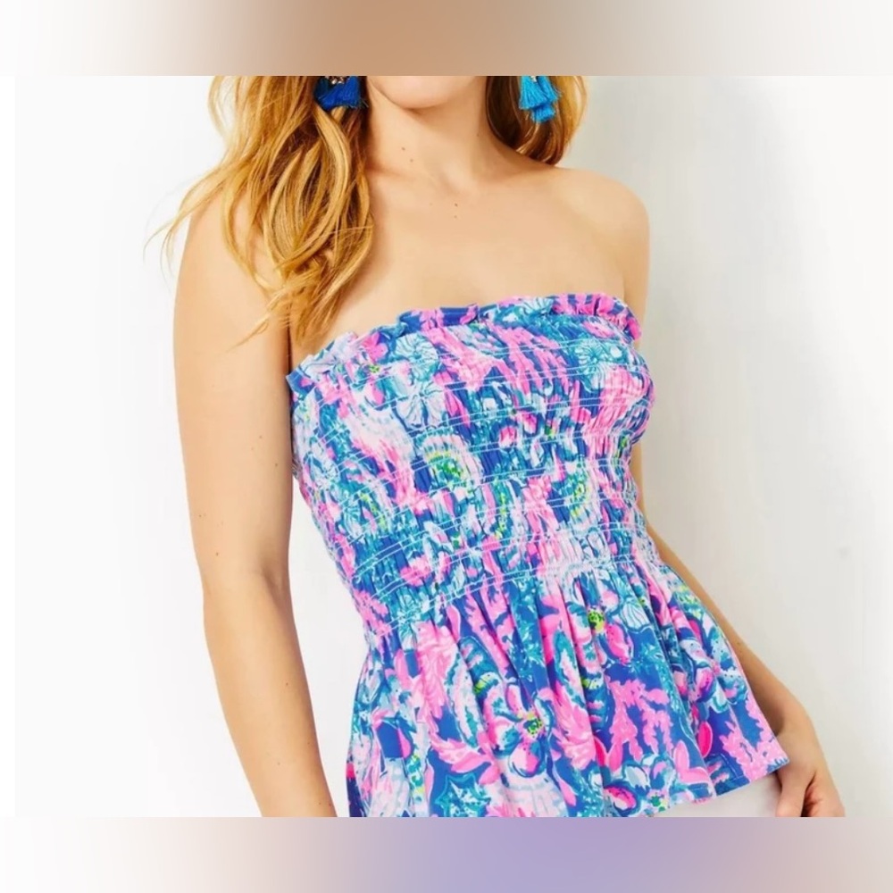 Lilly Pulitzer Pink Blue Floral Strapless Smocked Crop Top
